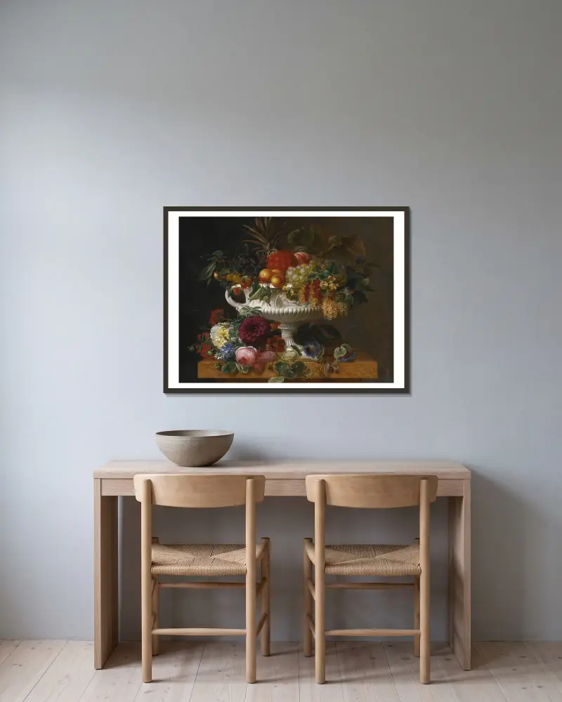 A Classical Urn with Gooseberries, Apricots, Currents, Cherries, Peaches and Pineapple set on a Flower Covered Plinth av Johan Laurentz Jensen inramad på en vägg