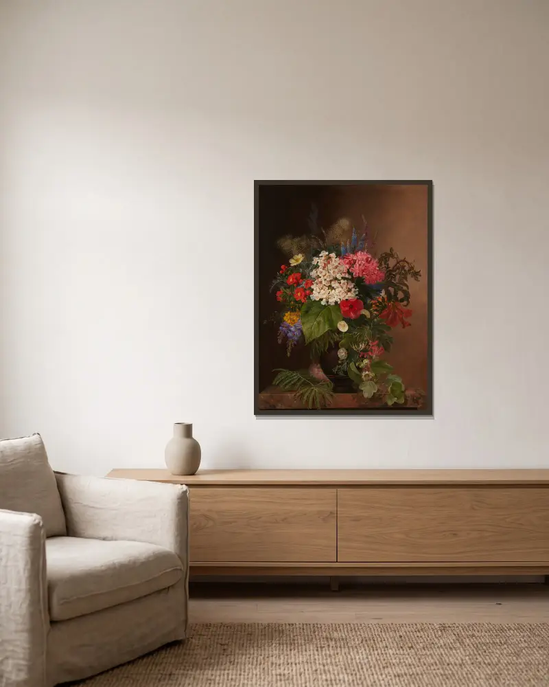 Convulvulus, lupins, speedwell and fuschia in a vase av Johan Laurentz Jensen inramad på en vägg