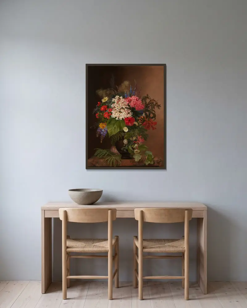 Convulvulus, lupins, speedwell and fuschia in a vase av Johan Laurentz Jensen inramad på en vägg