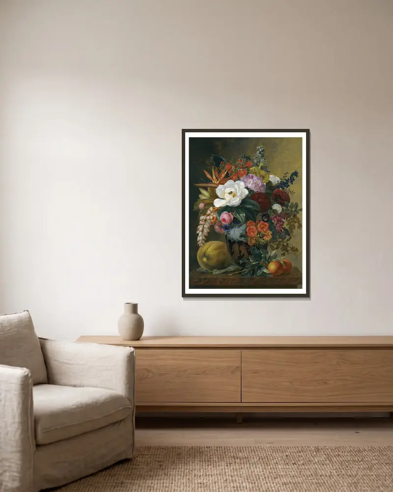 Exotic blooms in a Grecian krater with fruit on a marble ledge av Johan Laurentz Jensen inramad på en vägg