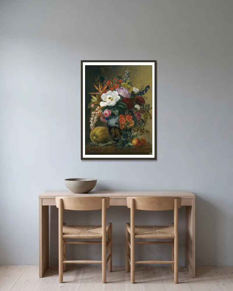 Exotic blooms in a Grecian krater with fruit on a marble ledge av Johan Laurentz Jensen inramad på en vägg