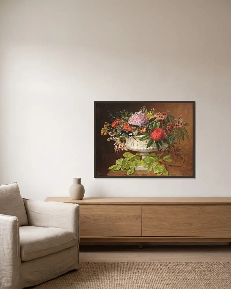 Flowers in a centrepiece on a marble windowsill with a beech branch av Johan Laurentz Jensen inramad på en vägg