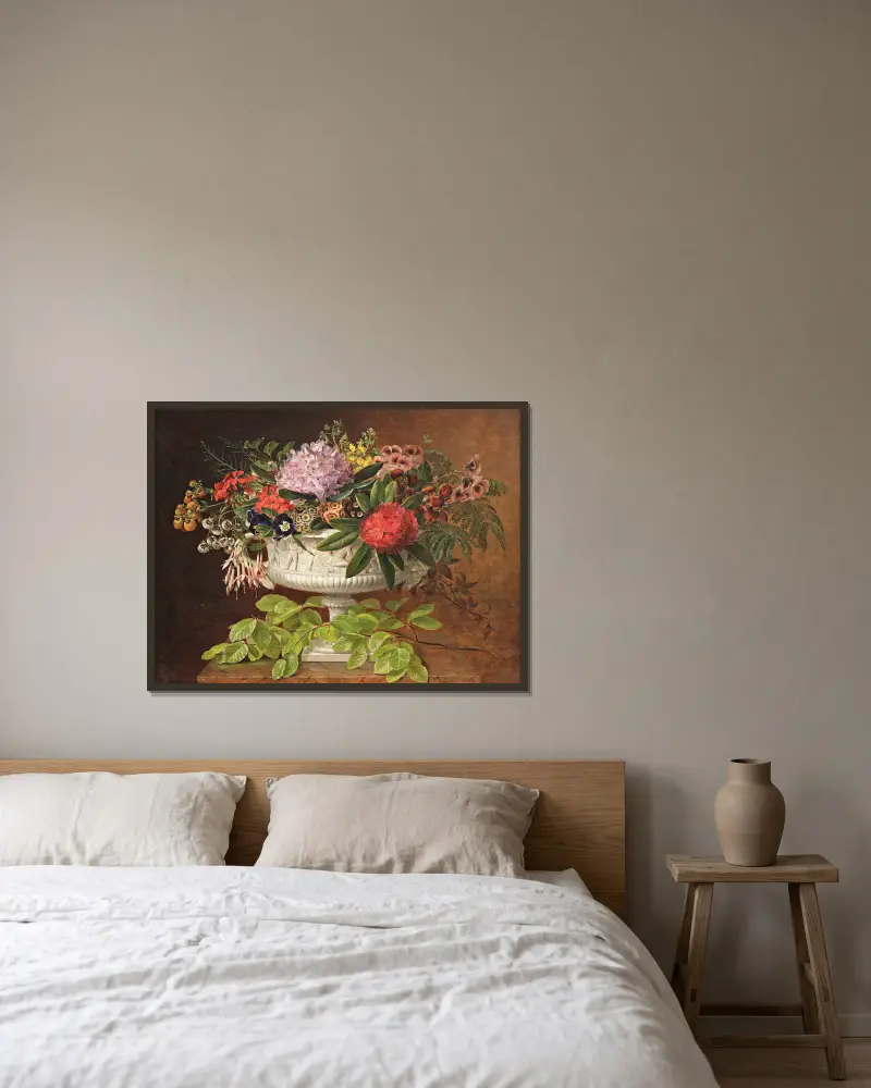 Flowers in a centrepiece on a marble windowsill with a beech branch av Johan Laurentz Jensen inramad på en vägg