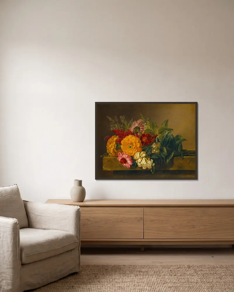 Flowers In A Vase On A Marble Tabletop av Johan Laurentz Jensen inramad på en vägg