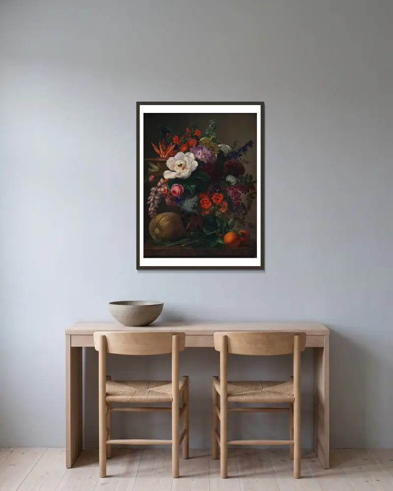 Flowers In A Vase av Johan Laurentz Jensen inramad på en vägg
