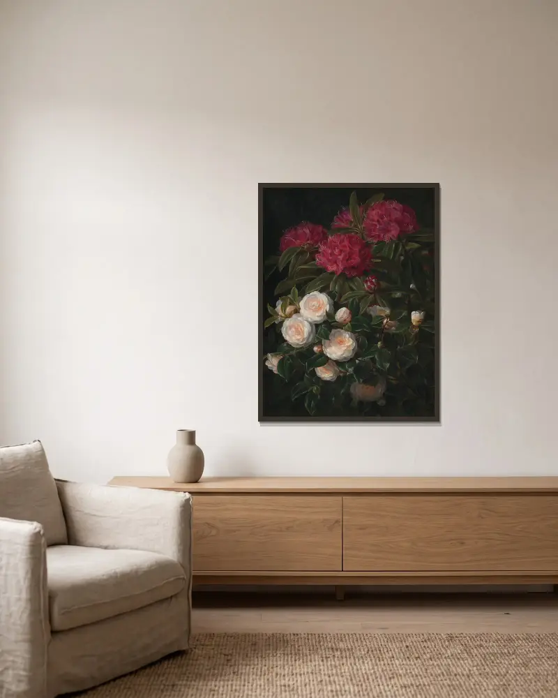Kamelier Og Rhododendron av Johan Laurentz Jensen inramad på en vägg