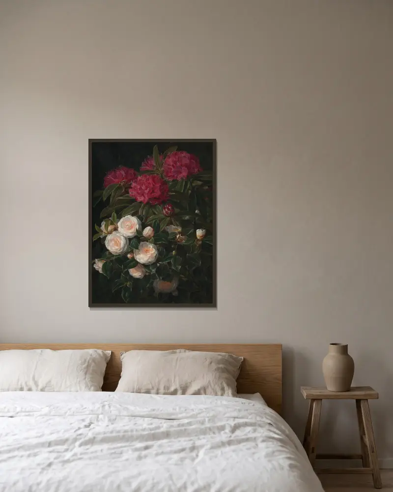Kamelier Og Rhododendron av Johan Laurentz Jensen inramad på en vägg