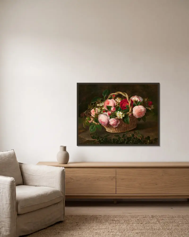 Korb mit Rosen- und Apfelblüten av Johan Laurentz Jensen inramad på en vägg