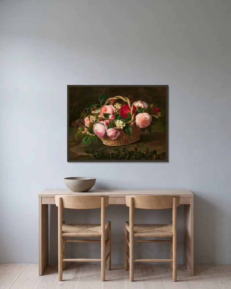 Korb mit Rosen- und Apfelblüten av Johan Laurentz Jensen inramad på en vägg