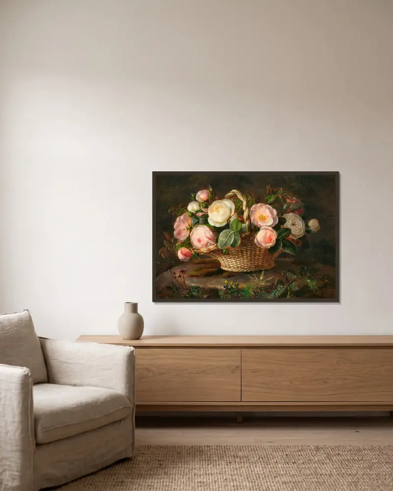 Korb mit Rosenblüten von Johan Laurentz Jensen gerahmt an einer Wand