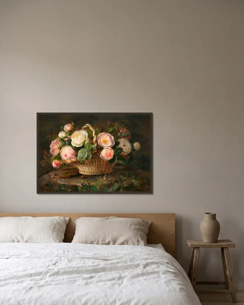 Korb mit Rosenblüten von Johan Laurentz Jensen gerahmt an einer Wand