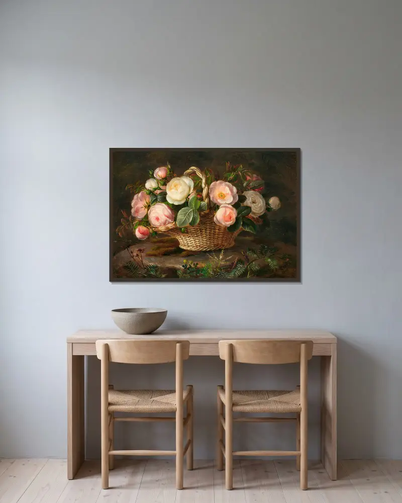 Korb mit Rosenblüten von Johan Laurentz Jensen gerahmt an einer Wand