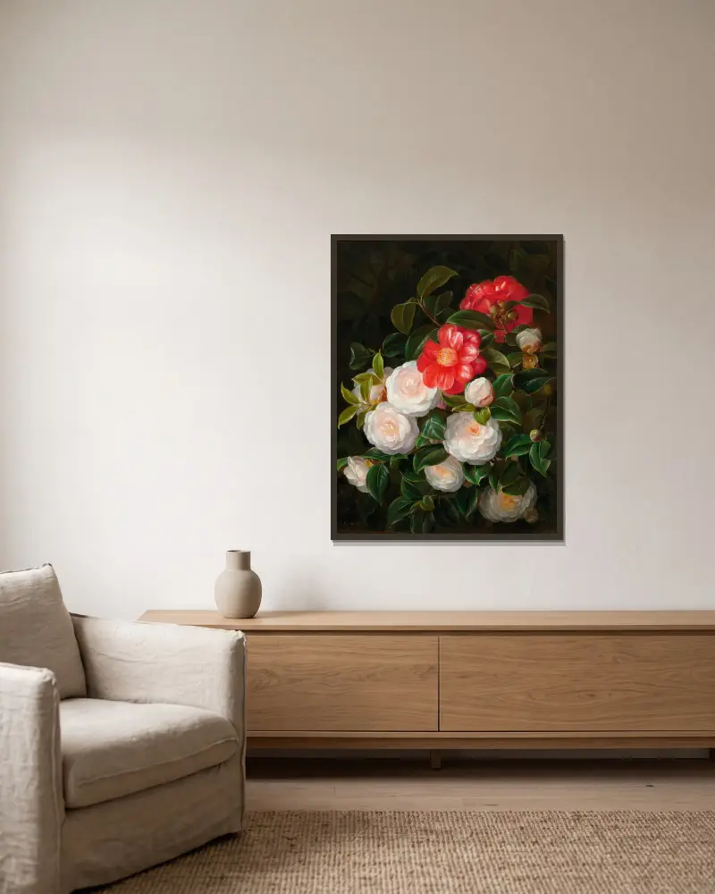 Red and white camellias av Johan Laurentz Jensen inramad på en vägg