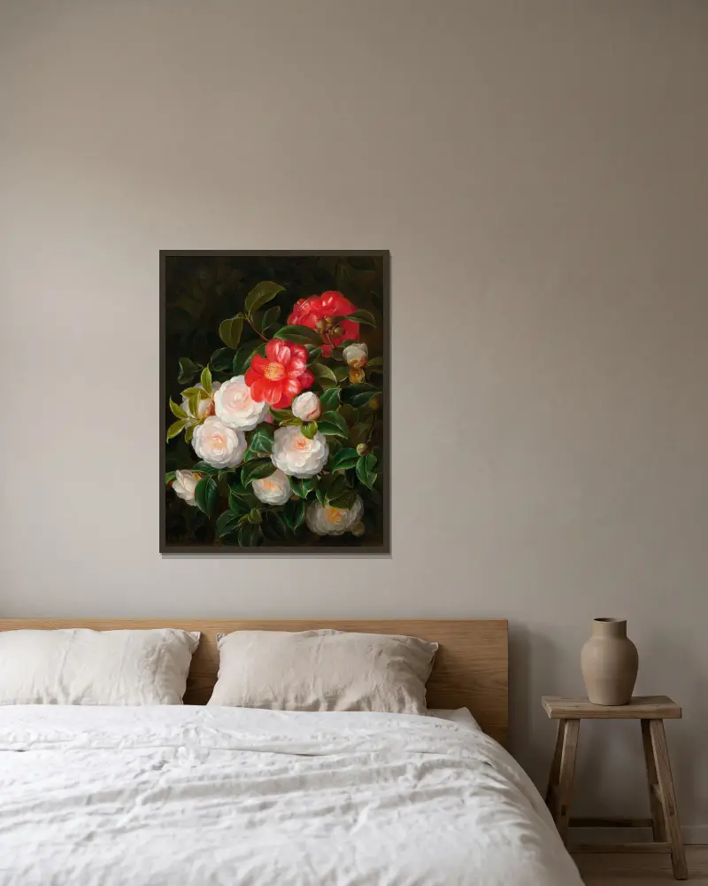 Red and white camellias av Johan Laurentz Jensen inramad på en vägg
