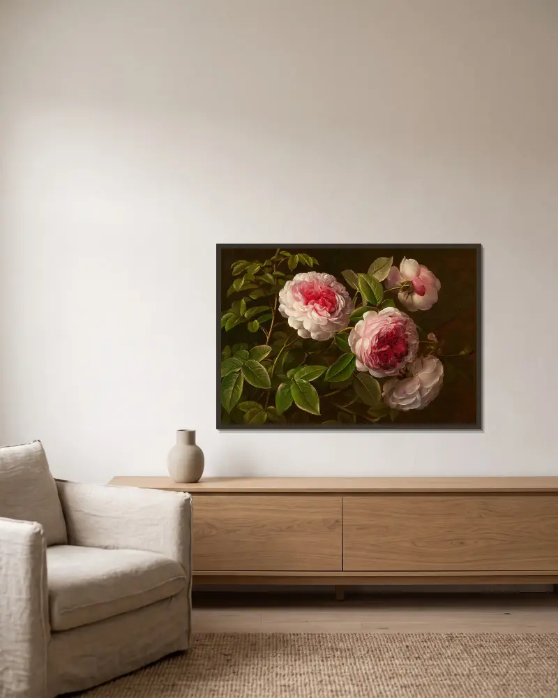 Rosa Rosen von Johan Laurentz Jensen gerahmt an einer Wand