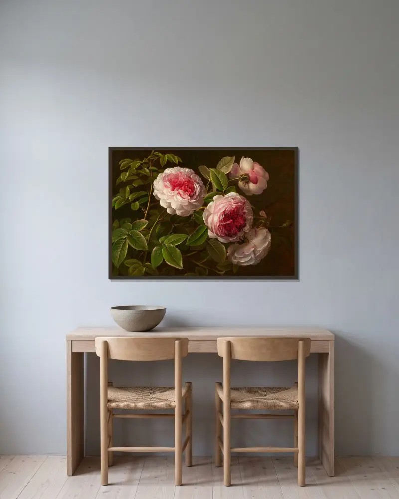Rosa Rosen von Johan Laurentz Jensen gerahmt an einer Wand
