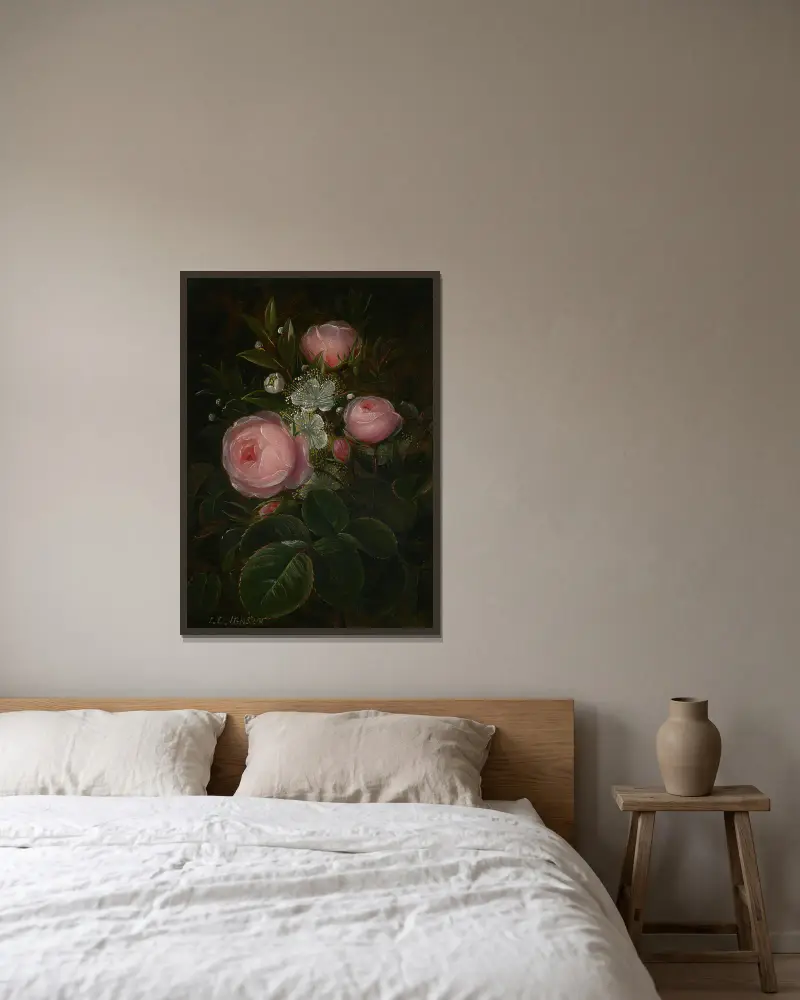 Roser og blomstrende Myrther – nr 1 av Johan Laurentz Jensen inramad på en vägg