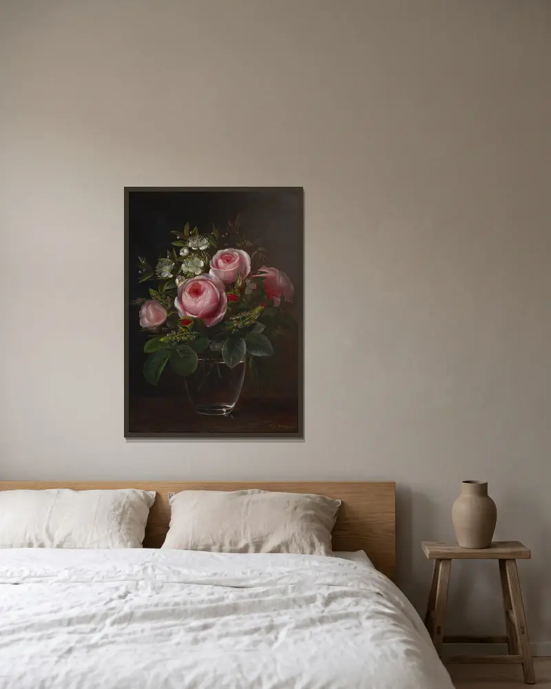 Roses and Tree Anemones in a Glass Vase av Johan Laurentz Jensen inramad på en vägg