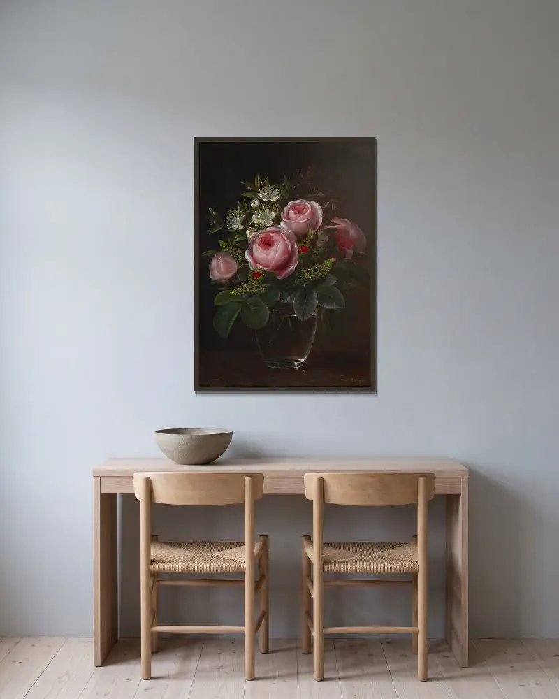 Roses and Tree Anemones in a Glass Vase av Johan Laurentz Jensen inramad på en vägg