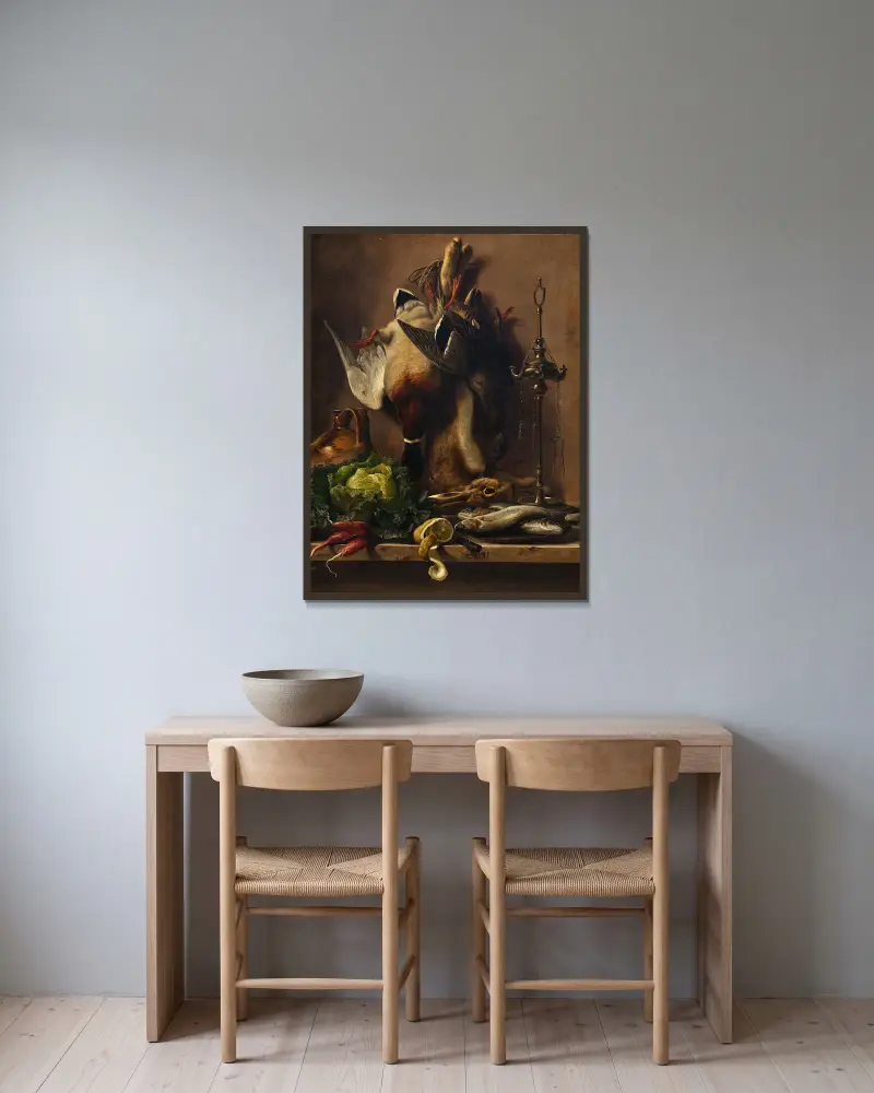 Still Life On A Kitchen Tabletop av Johan Laurentz Jensen inramad på en vägg