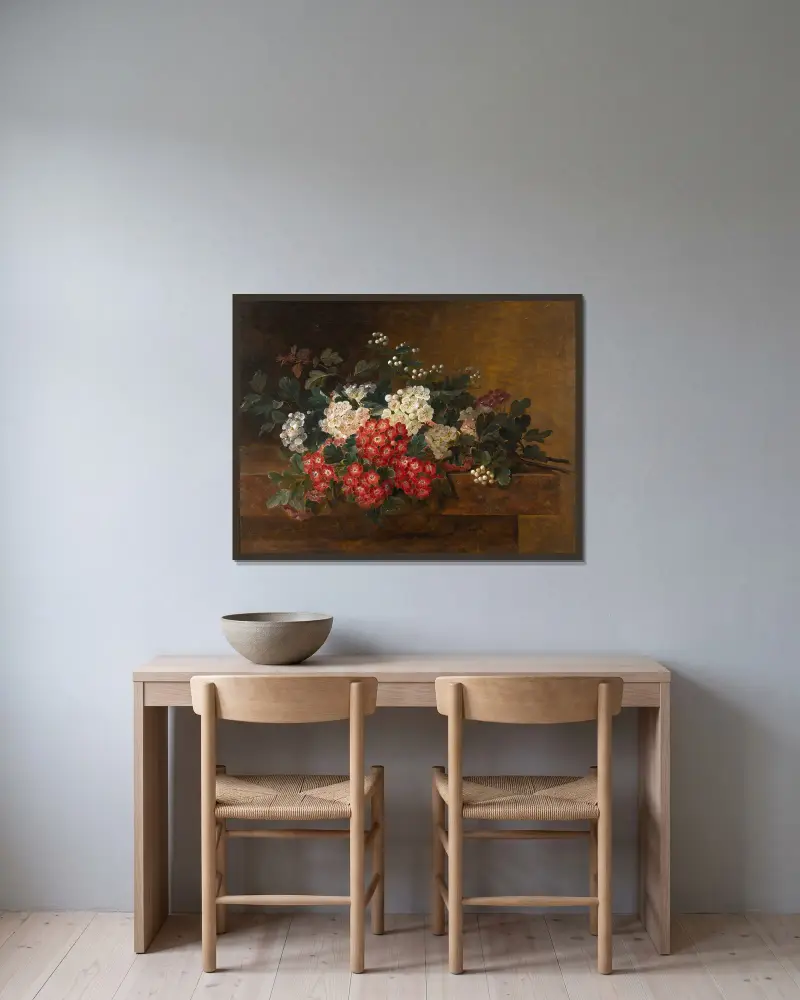 Still Life with Hawthorn Blossom av Johan Laurentz Jensen inramad på en vägg