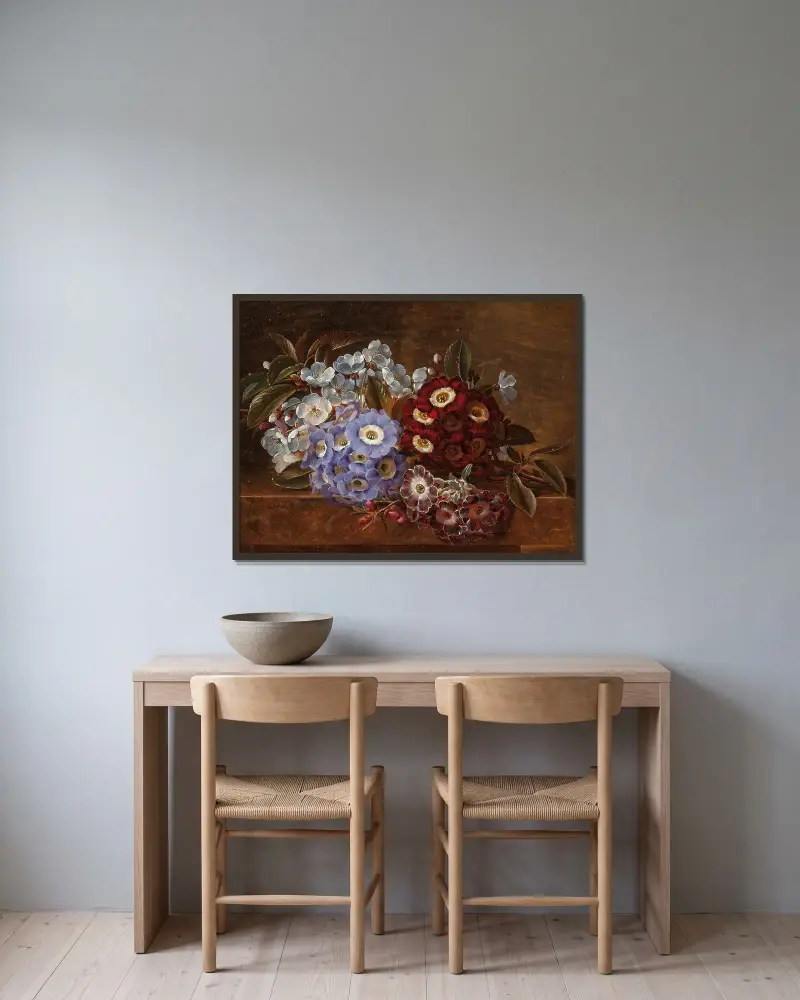 Still life with primroses on a marble ledge av Johan Laurentz Jensen inramad på en vägg