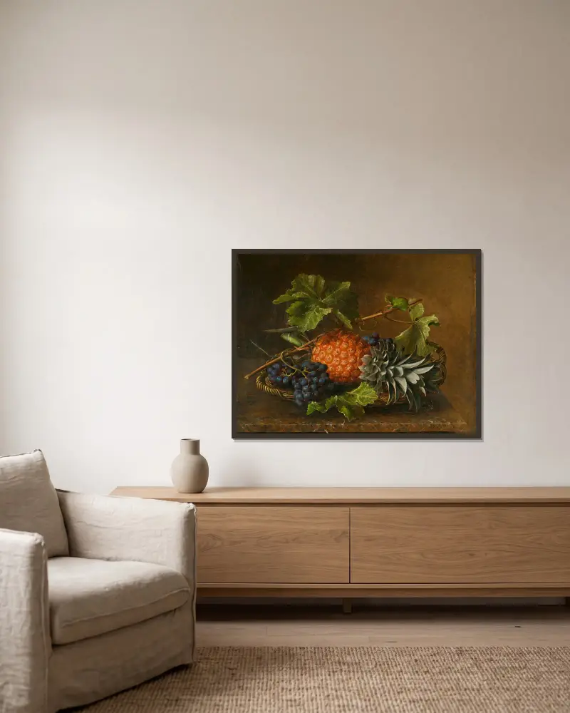 Stillleben mit Ananas und Trauben av Johan Laurentz Jensen inramad på en vägg