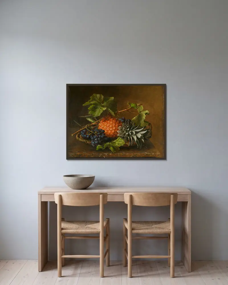 Stillleben mit Ananas und Trauben av Johan Laurentz Jensen inramad på en vägg