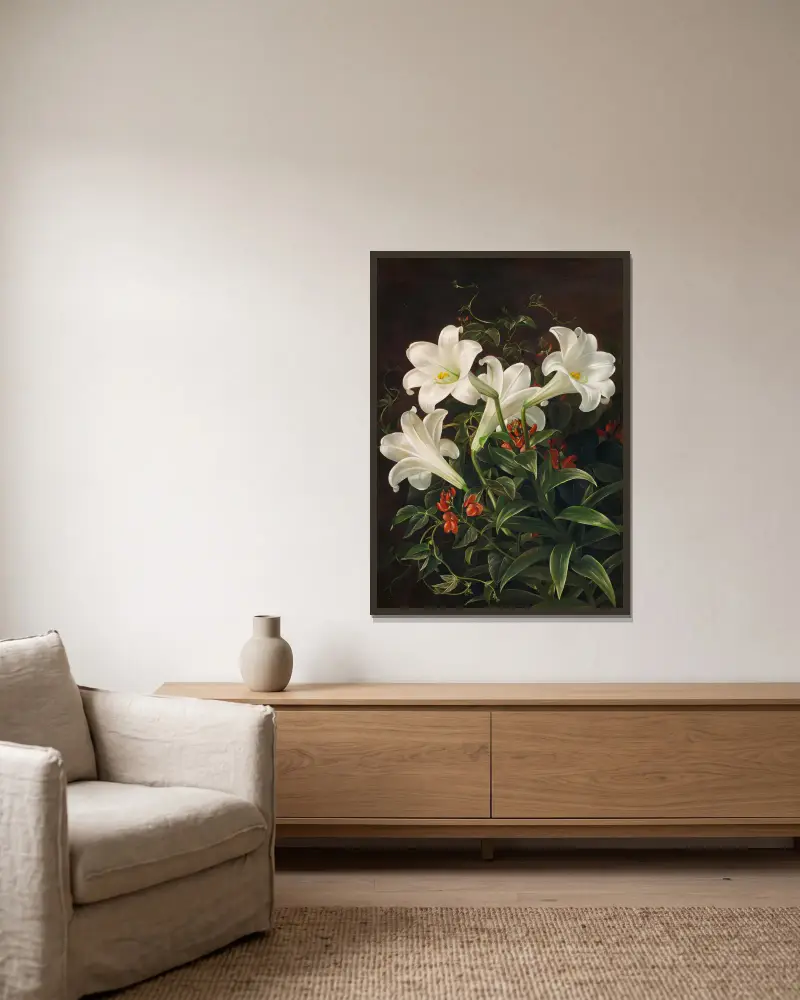 Stillleben mit weißen Lilien und blühenden Lubera-Ranken av Johan Laurentz Jensen inramad på en vägg