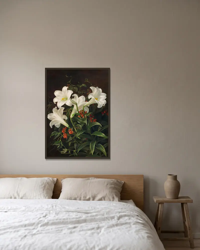 Stillleben mit weißen Lilien und blühenden Lubera-Ranken av Johan Laurentz Jensen inramad på en vägg