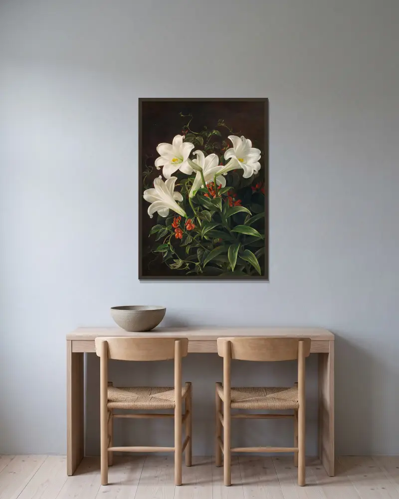 Stillleben mit weißen Lilien und blühenden Lubera-Ranken av Johan Laurentz Jensen inramad på en vägg