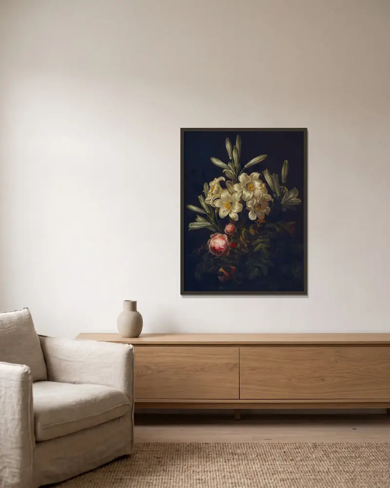 White Lilies And Roses av Johan Laurentz Jensen inramad på en vägg