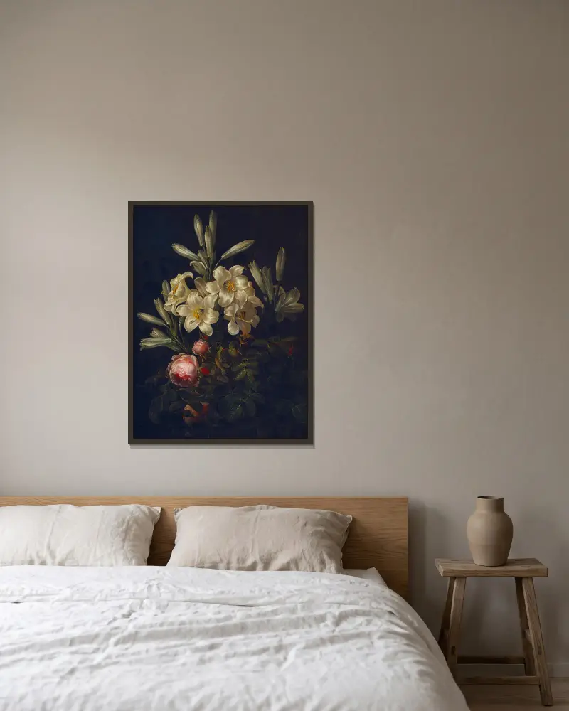 White Lilies And Roses av Johan Laurentz Jensen inramad på en vägg