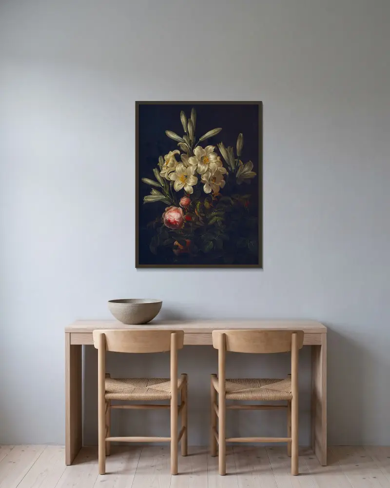 White Lilies And Roses av Johan Laurentz Jensen inramad på en vägg