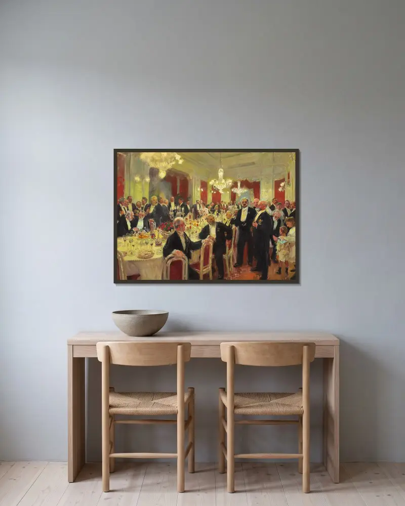 Man rejser sig fra bordet av Laurits Tuxen inramad på en vägg