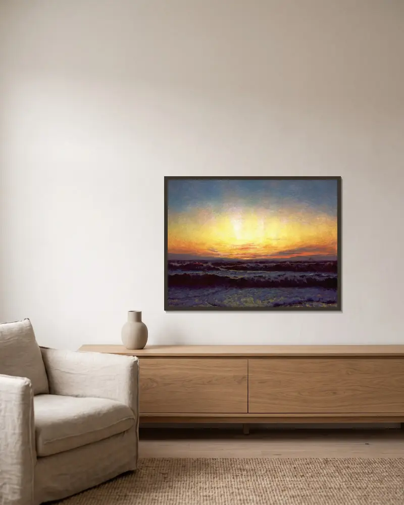 Vesterhavet i storm. Efter solnedgang. Højen av Laurits Tuxen inramad på en vägg