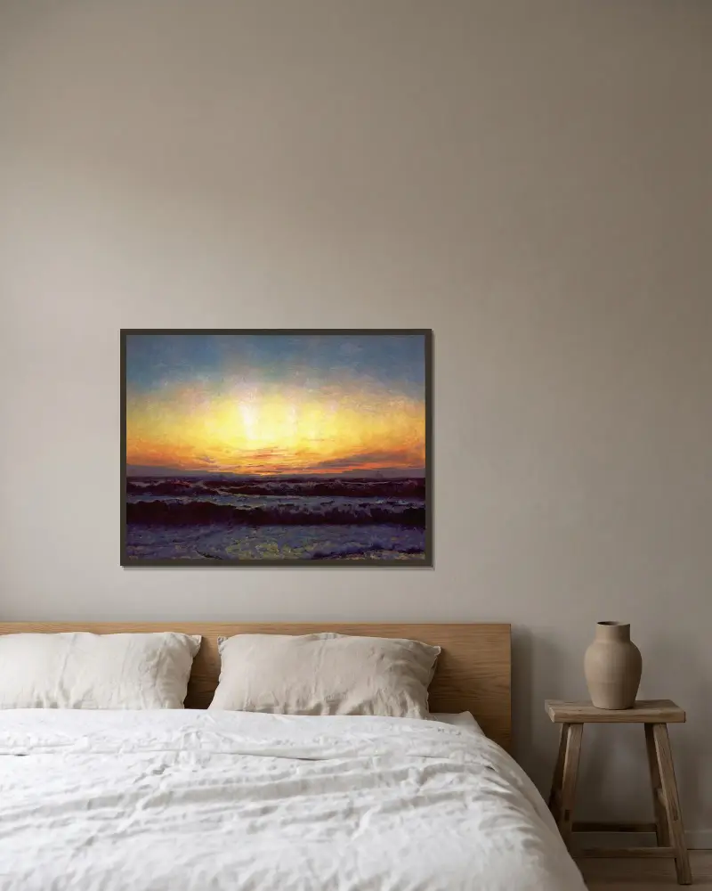 Vesterhavet i storm. Efter solnedgang. Højen av Laurits Tuxen inramad på en vägg