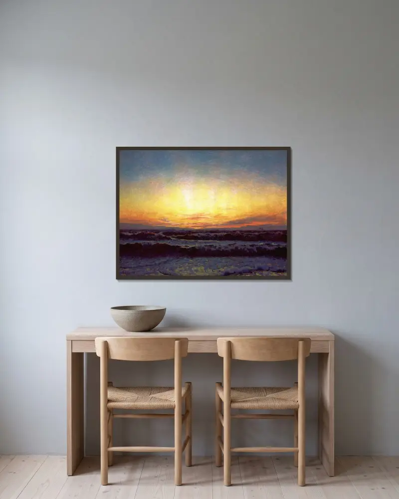 Vesterhavet i storm. Efter solnedgang. Højen av Laurits Tuxen inramad på en vägg