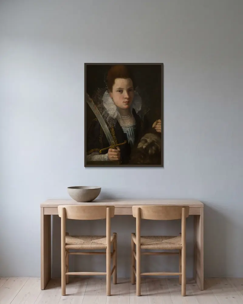 Judith with the Head of Holofernes av Lavinia Fontana inramad på en vägg