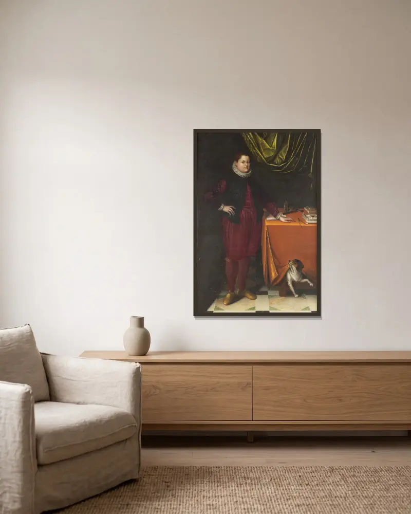 Portrait en pied d’un jeune garçon, avec son chien av Lavinia Fontana inramad på en vägg