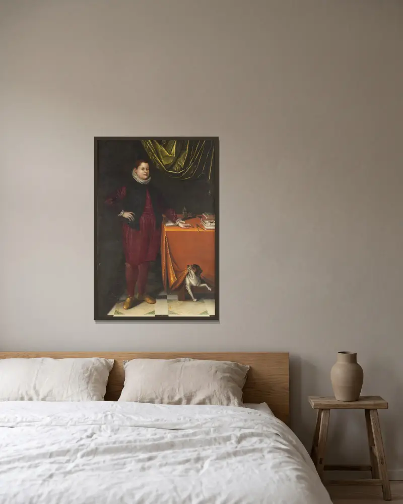 Portrait en pied d’un jeune garçon, avec son chien av Lavinia Fontana inramad på en vägg
