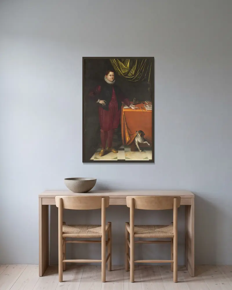 Portrait en pied d’un jeune garçon, avec son chien av Lavinia Fontana inramad på en vägg