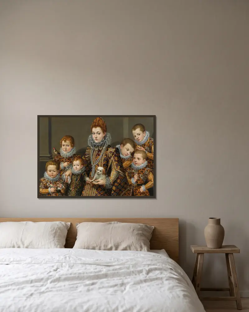 Portrait Of Bianca Degli Utili Maselli Holding A Dog And Surrounded By Six Of Her Children av Lavinia Fontana inramad på en vägg