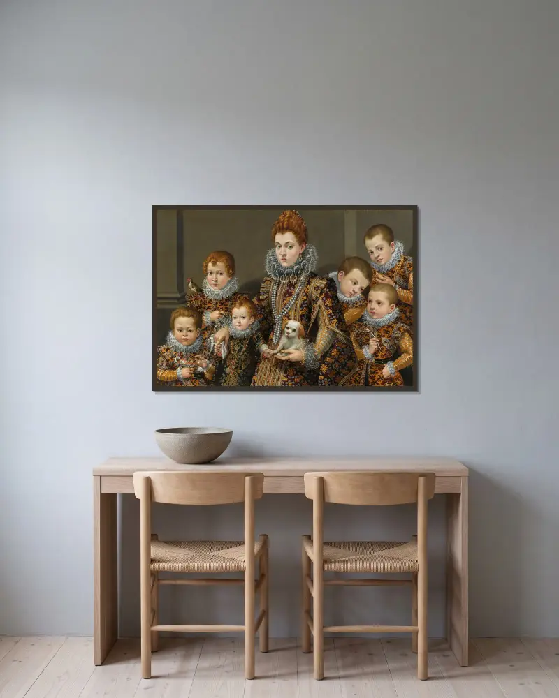 Portrait Of Bianca Degli Utili Maselli Holding A Dog And Surrounded By Six Of Her Children av Lavinia Fontana inramad på en vägg