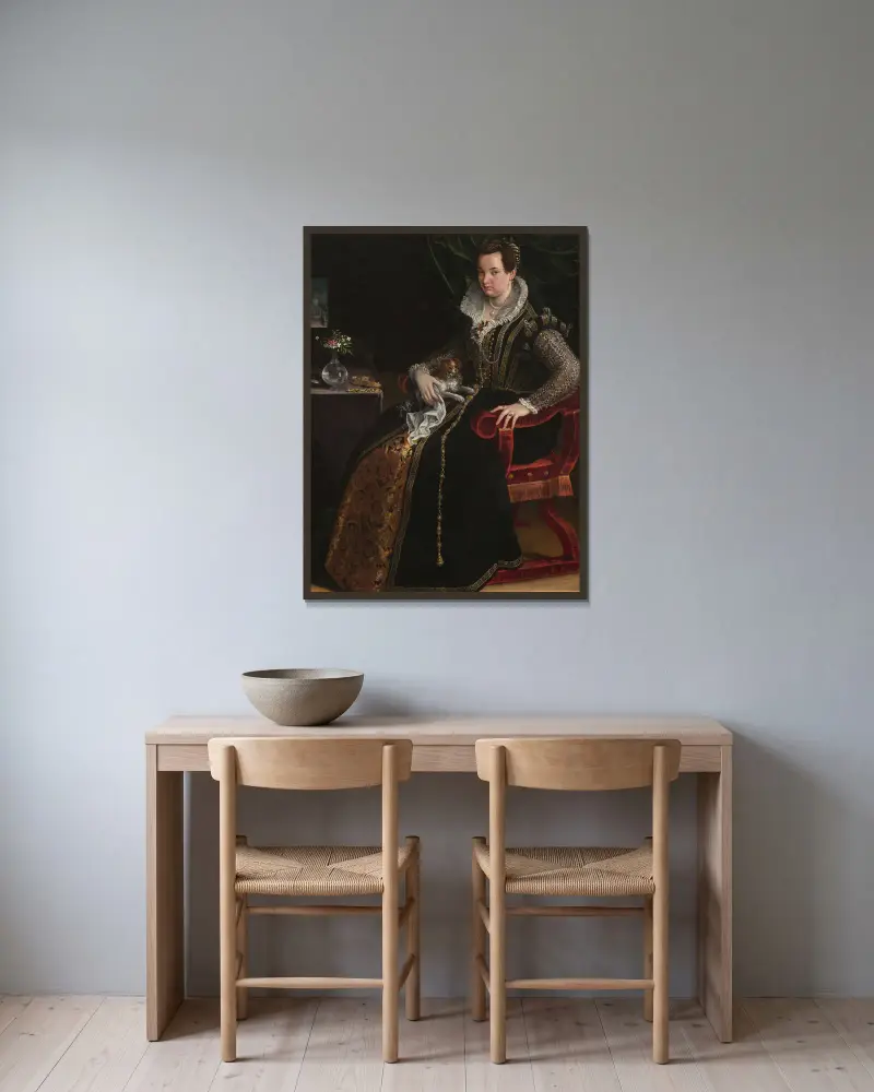 Portrait of Costanza Alidosi av Lavinia Fontana inramad på en vägg