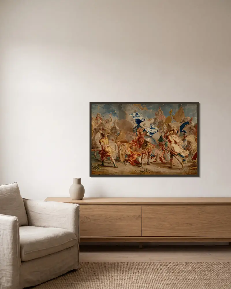 Kampf zwischen Menelaos und Paris von Charles Le Brun gerahmt an einer Wand