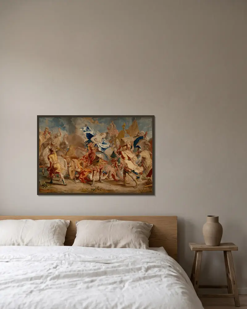 Kampf zwischen Menelaos und Paris von Charles Le Brun gerahmt an einer Wand