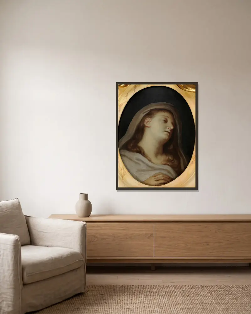 Effigie funéraire d’Henriette Sélincart av Charles Le Brun inramad på en vägg