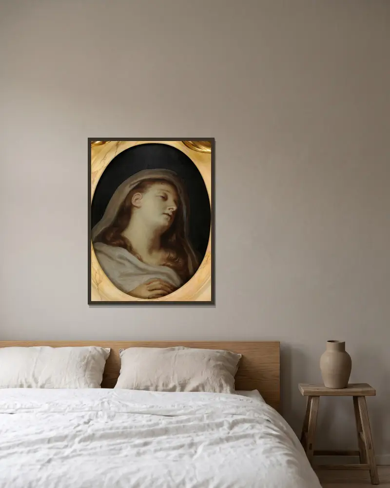 Effigie funéraire d’Henriette Sélincart av Charles Le Brun inramad på en vägg