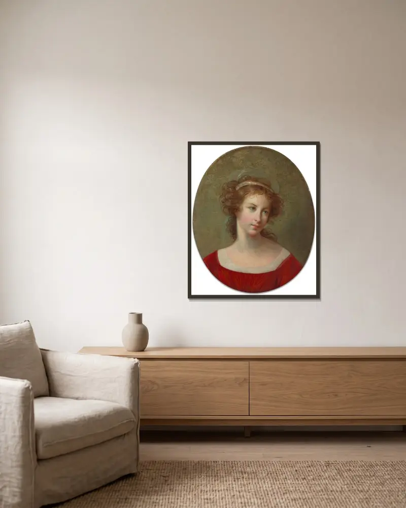 Porträtt av kvinna i röd klänning av Elisabeth Louise Vigée Le Brun inramad på en vägg